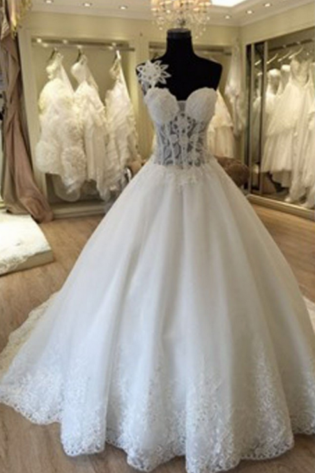 Unique Design One Shoulder See Through A-line Lace Tulle Wedding Dresses