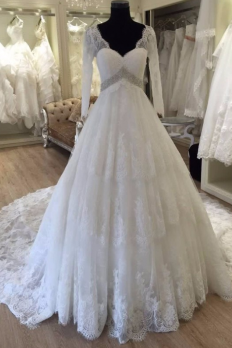 Long Sleeve V Neck Wedding Dress Backless Cheap Train Crystal Beading