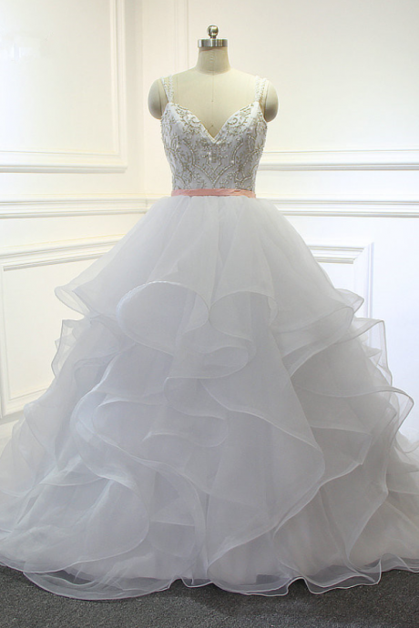 Design Organza Ruffles With Embroidery Beading Bodice Bridal Wedding Dress