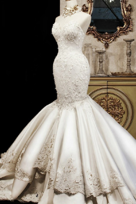 Mermaid Wedding Dress, Satin Wedding Dress, Lace Applique Bridal Dress,custom Made Wedding Dress,