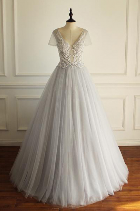 Short Sleeves Gorgeous V Neck Sexy Floor-length Wedding Dress,appliques Bridals Dress,long Prom Dresses