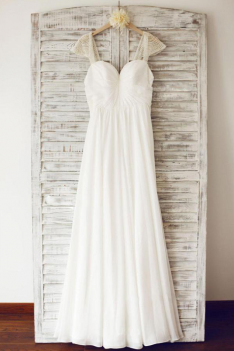 Chiffon Wedding Dress,pleated Wedding Dresses With Beading,long Wedding Dresses,simple Wedding Dress