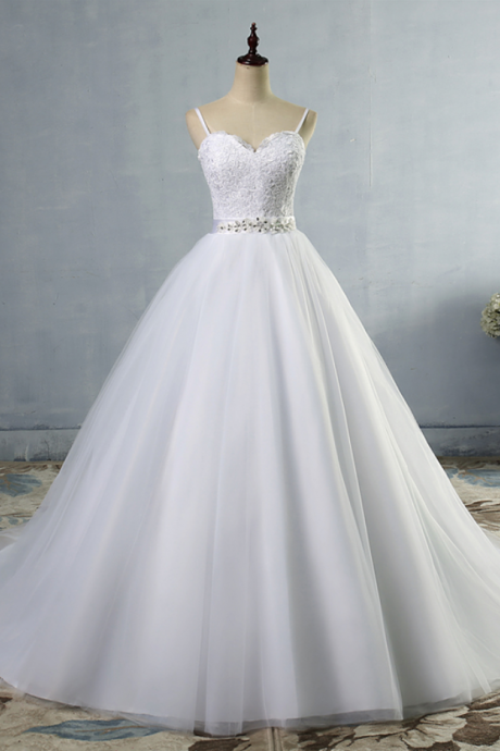 Long Wedding Dress, Spaghetti Strap Wedding Dress, Tulle Wedding Dress, Lace Bridal Dress