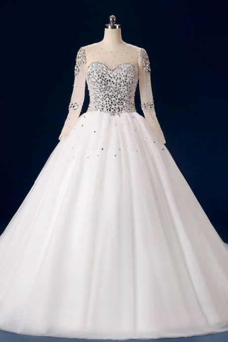 Luxury Crystal Beading Bodice Lace Long Sleeve Ball Gown Wedding Dresses