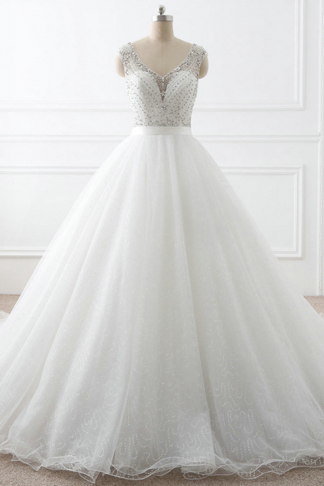 Ball Gown Wedding Dress,handmade Beaded Bridal Dress,v-neckline Beaded Wedding Gown