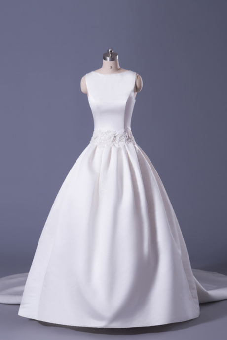 Soft Satin Ball Gown Wedding Dress With Detachable Train Floor Length Laced-up