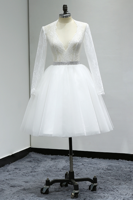 China Bridal Gowns Knee Length Short Wedding Dress Turkey Lace Long Sleeve Sexy Wedding Dress