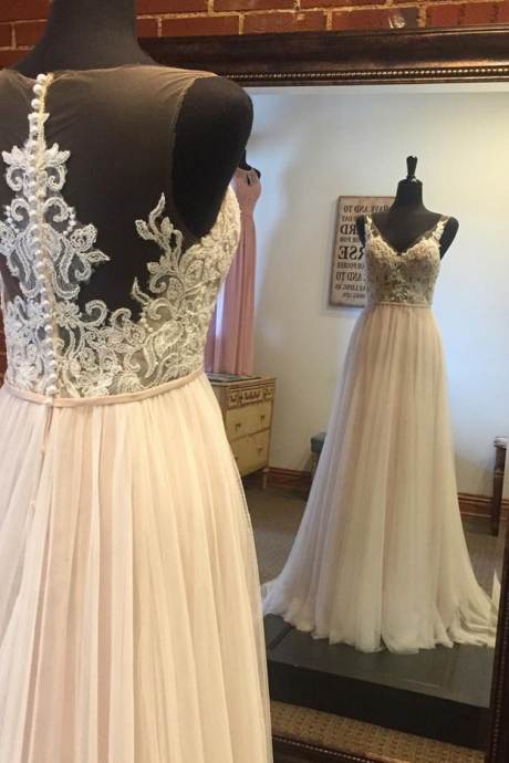 A-line Princess V-neck Appliqued Wedding Dresses Floor Length Dresses