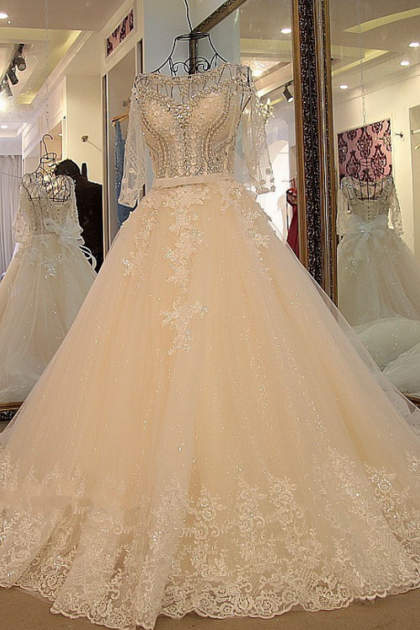 Wedding Dress,sexy Long Sleeves Wedding Dress White Flash Diamond Long Train Bride Dress 100% Real Picture,wedding Dresses