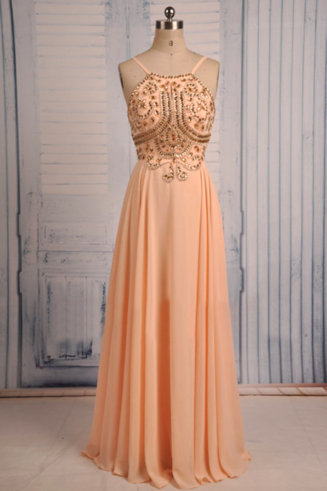 Custom Made Spaghetti Strap Long Chiffon Evening Dress , Prom Dresses With Crystal Embellishments