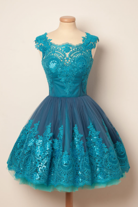 Blue Lace Above Knee Scalloped-edge A Lines With Buttons Capped Sleeves