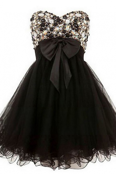 Black Prom Dresses, Tulle Prom Dresses Beaded, Prom Dresses With Bow, Short Prom Dress, Real Samples Prom Dresses