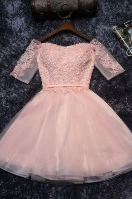 Pink Homecoming Dresses,tulle Half Sleeves Prom Dress,short Prom Dress,mini Party Dresses,off-shoulder Homecoming Dress