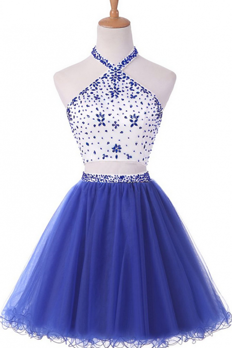 Women's Sexy Halter Royal Blue Two Pieces Beaded Homecoming Dress High Quality