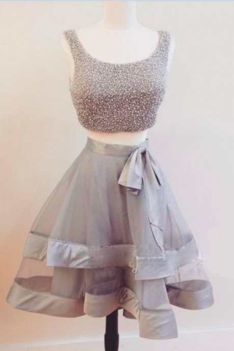 Cute Gray 2 Pieces Short Prom Dress,a-line Tulle Beading Short Prom Gowns