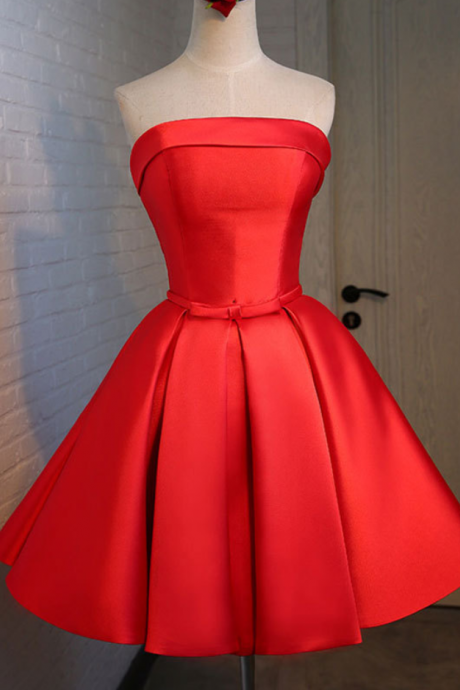 Red Satin Short Evening Dress With Ruched Skirt , Graduation Dresses