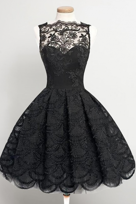 Black Lace/Satin Homecoming Dresses Sleeveless A lines Bateau Zipper-Up Knee-length Applique