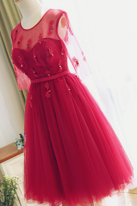 Party Dress, Tea Length Red Lace Bridesmaid Dress,half Sleeves Lace Prom Dress