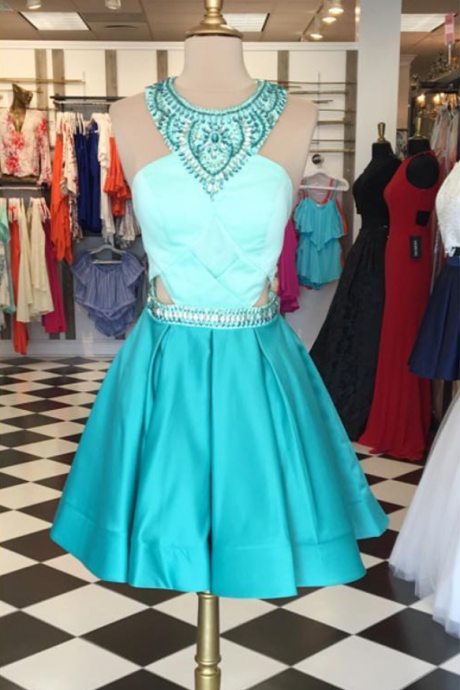 Green Homecoming Dresses Sleeveless A Line Haltered Zippers Above-knee