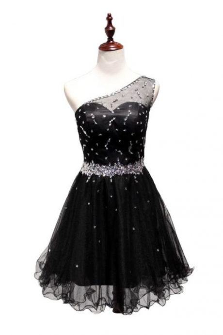 Black Homecoming Dresses Open Back Sleeveless Aline One Shoulder Mini Crystal Beads Ruffle