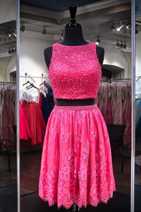 Peach Homecoming Dresses Sheer Back Sleeveless A-Line/Column Jewels Mini Lace/Satin Beadings