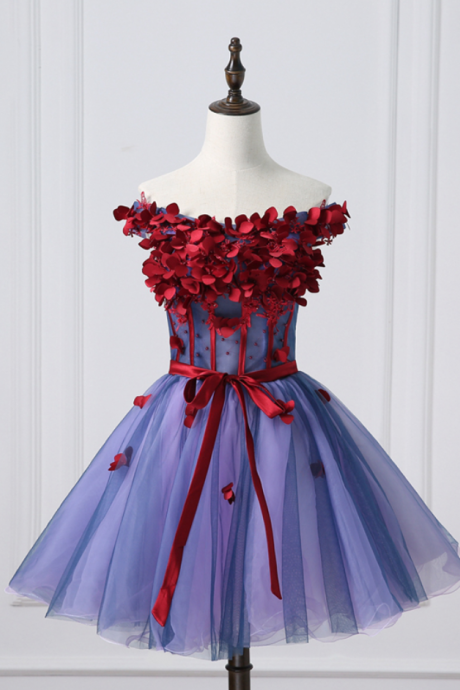 Off-the-shoulder 3d Floral Appliqués Tulle Short Homecoming Dress, Prom Dress, Party Dress
