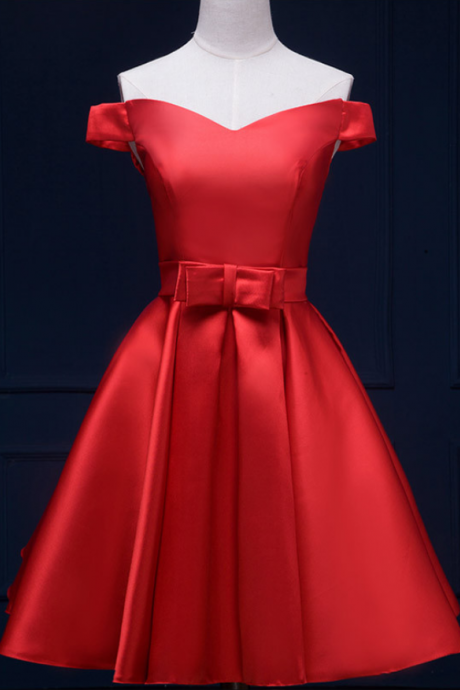 Modern Red Off-the-shoulder School Homecoming Dresses A-line Satin Sashes Short Prom Knee Length