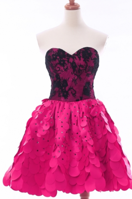 Fuchsia Sweetheart Lace Beaded Short Homecoming Dress