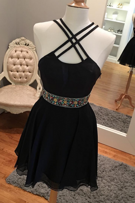 Cute Black Chiffon Homecoming Dress With Beads Sash