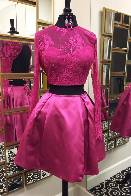 Backless Two Piece Homecoming Dress Beaded Fuchsia Lace Long Sleeves Satin Party Gowns
