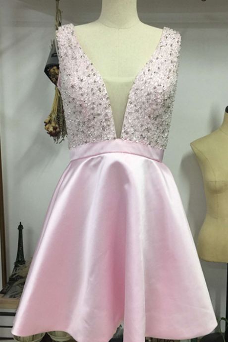 Pink Homecoming Dresses,Short Homecoming Dress,V-neck Beaded Homecoming Dress,Cocktail Dresses