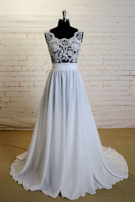 Wedding Dresses ,white A-line Lace Chiffon Long Prom Dress, Lace Wedding Dress