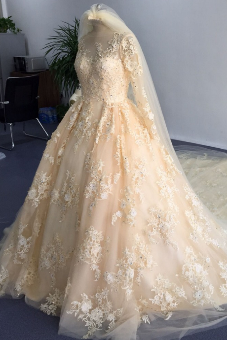 Cheap wedding dresses ,Glamorous O Neck Appliqued Beaded Stunning Long Sleeve Ball Gown Wedding Dresses Champagne Appliques Royal Train Tulle Bride Wedding Dress