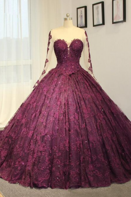 High-end Wedding Dress Purple Lace Wedding Dress Long Train Bridal Dress Sweetheart Long Sleeves Wedding Dress