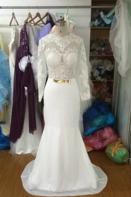 Beach Mermaid Wedding Dresses Simple High Neck Long Sleeve Appliques Sheer Chiffon Bridal Gowns