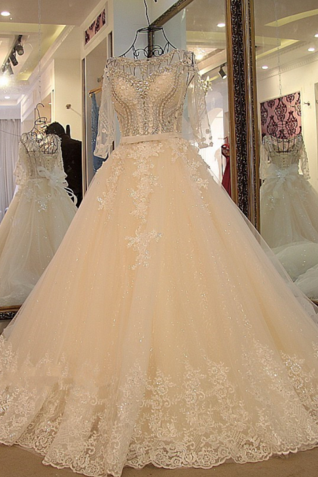 Sexy Long Sleeves Wedding Dress White Flash Diamond Long Train Bride Dress 100% Real Picture