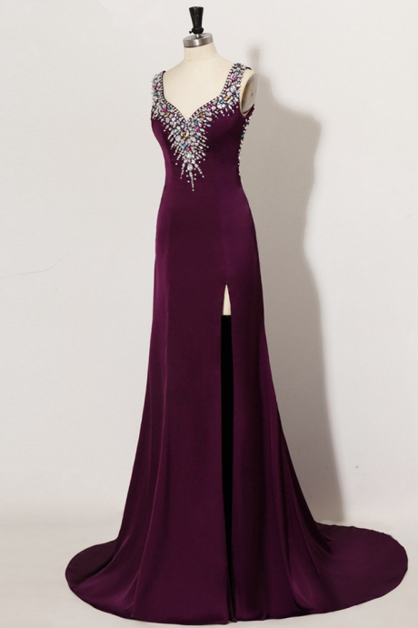 Sexy Backless Crop Top Rhinestone Long Purple Prom Dresses
