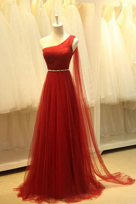Beautiful Gauze Shoulder Long Simple Ball Gown Wine Red, Wine Red Formal Dresses