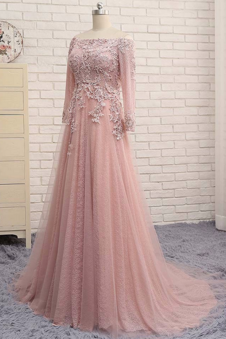 In Stock Strapless Lace Full Sleeve Pink Evening Dress Sweep