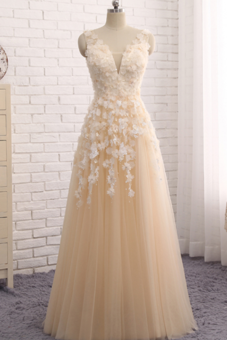 Prom Dresses Evening Dress Champagne Tulle A Line Evening Gowns V Neck Sleeveless Long Dress