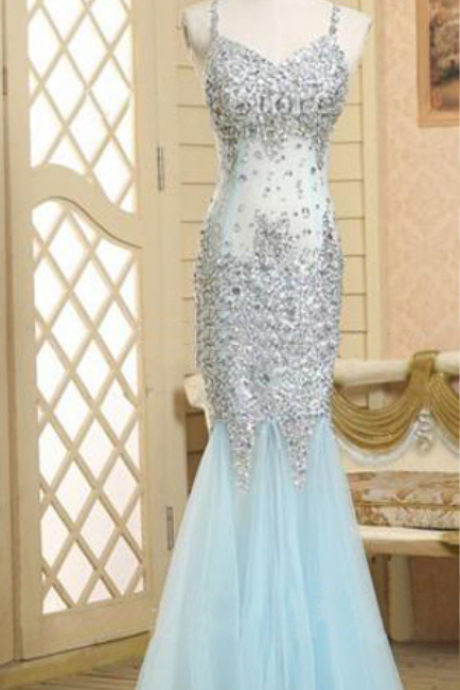  Light Blue Sequinned Embellished Plunge V Floor Length Mermaid Evening, Prom Dress Featuring Criss-Cross Open Back 