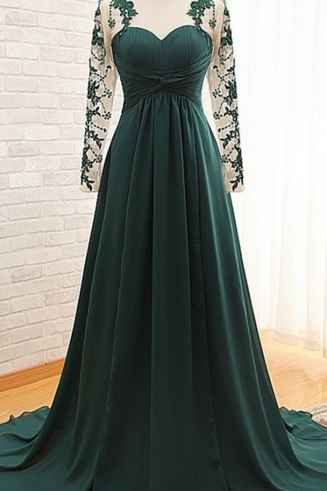 Dark Green Floor Length Lace Appliquéd Mesh Long Sleeved Sweetheart Evening Dress Featuring Chapel Train And Keyhole Back