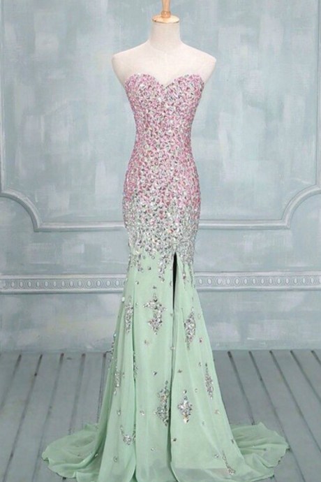 Crystal Embellished Sweetheart Floor Length Mermaid Formal Dress Featuring Slit, Prom Dress