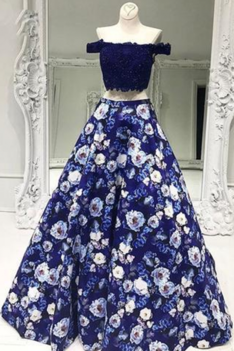 Prom Dresses Two Pieces Off Shoulder Flower Special High Quality Long Floor-length Prom Dresses Gown