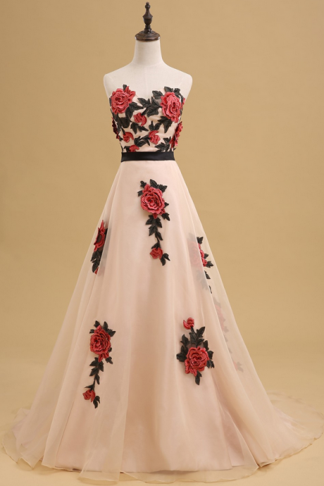 Prom Dresses Rose Embroidered Floor Length Chiffon