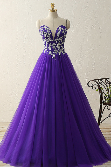 Prom Dresses Purple Sweetheart Deep V Neck Appliques Beads Ball Gown Vintage Dresses