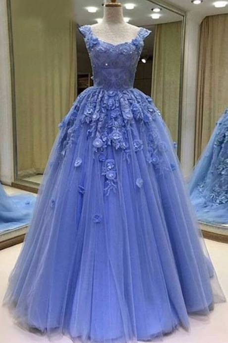 Prom Dresses Sexy Prom Dress,tulle Ball Gown Prom Dresses, Blue Evening Dress,long Evening Dresses,sleeveless Lace Prom Dresses