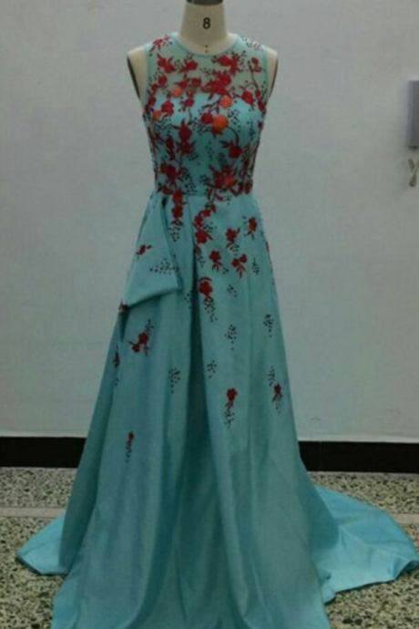  Cheap prom dresses Elegant Blue Sleeveless Chapel Party Prom Dress with Red Embroidery