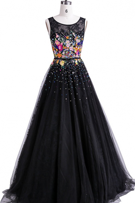 Prom Dresses Princess Embroidery Floor-length A-line Black Evening Party Dresses