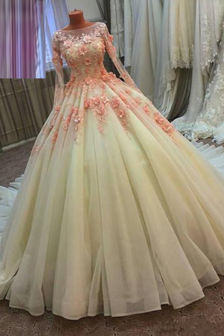 Vintage Ball Gown Prom Dress,real Photo 3d Floral Handmade Flowers Prom Dresses,court Train Tulle Long Sleeves Quinceanera Dress